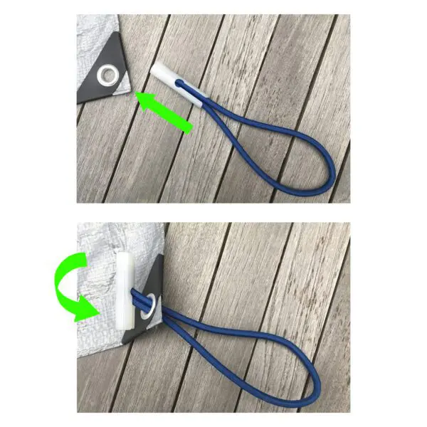 Bungee loop with swivel ties passed through eyelet
Boucles élastiques avec embout basculant
Expanderschlingen mit Knebel
Spanelastieken met T-bar