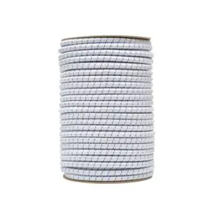 Large diameter shock cord close up, polypropylene yarn white and blue colour