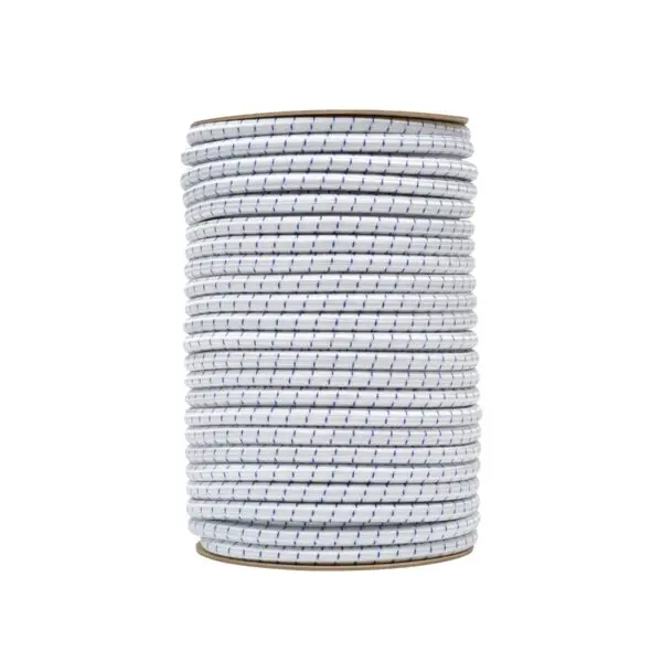 Large diameter shock cord close up, polypropylene yarn white and blue colour