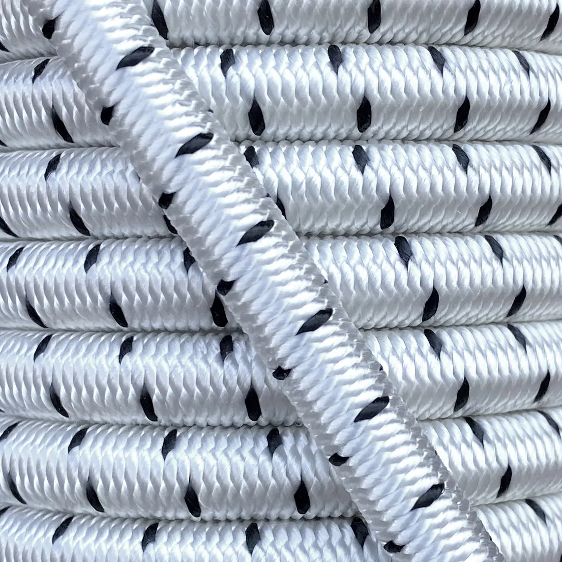 Marine and extreme conditions shock cord close up, polyester yarn white & black colour
