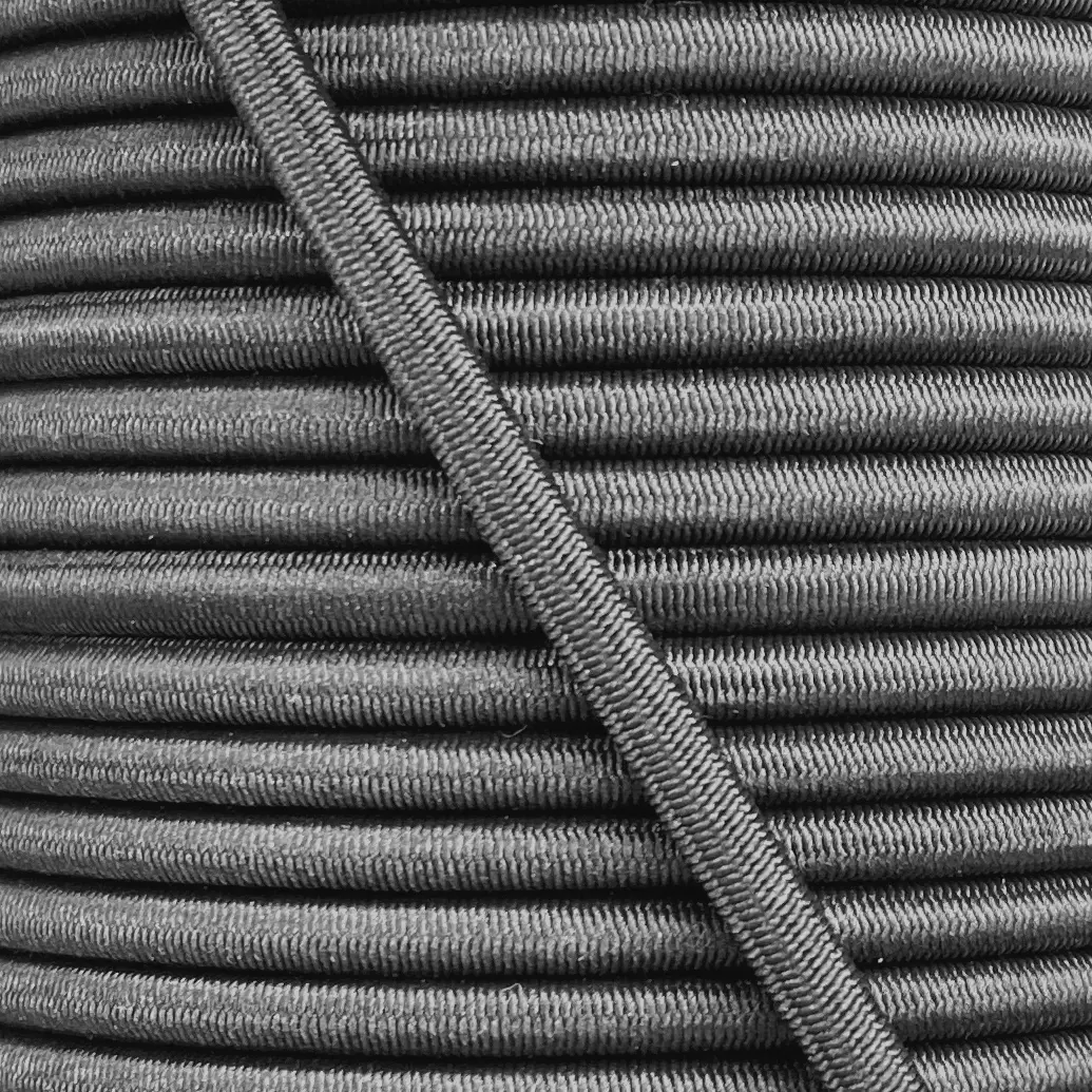 Small diameter shock cord close up, polypropylene yarn black colour