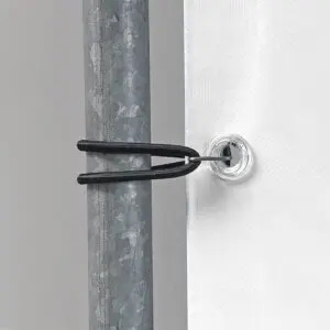 Gooseneck bungee loop securing an outdoor advertising banner to a metal frame.