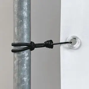 Elastic loop with banner hook for securing banners, signs and tarpaulins