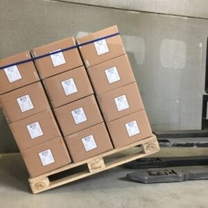 Pallets secured with heavy duty rubber band up to 30° tilt