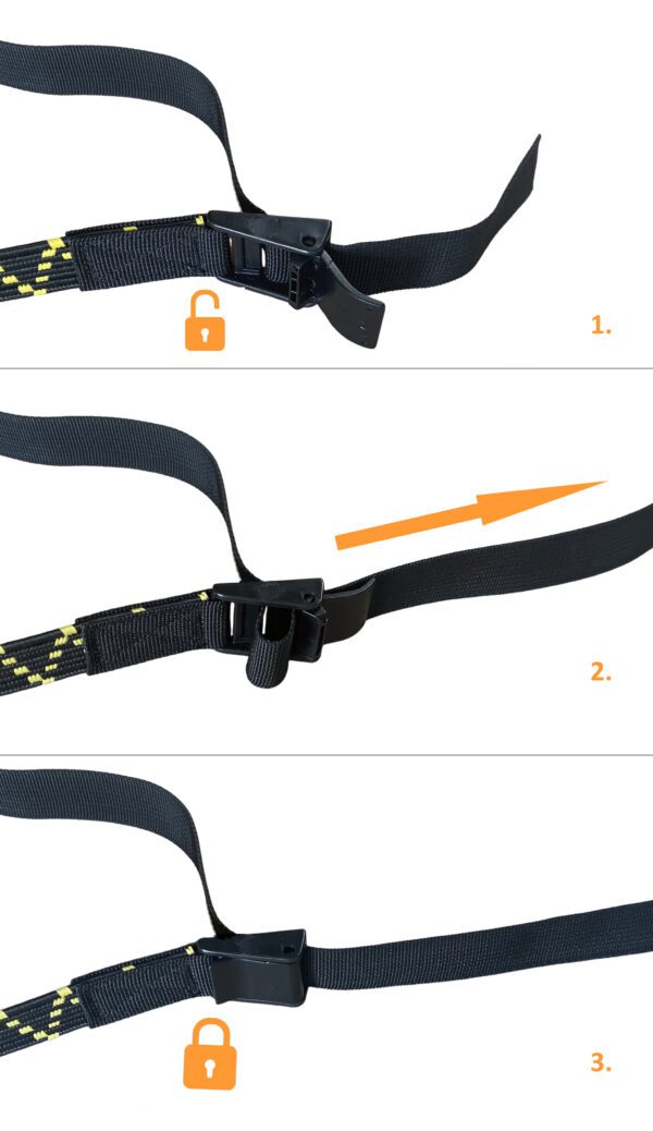 Elastic tension strap: how to lock, unlock and adjust size of the strap onto materials