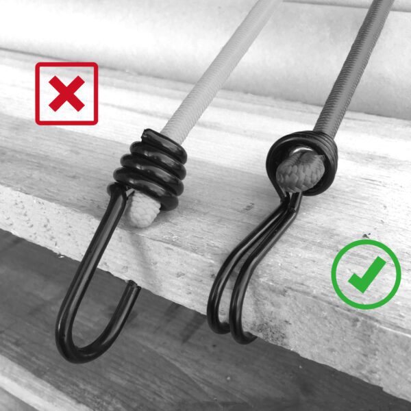 Advantage - Proper use of Double wire reverse hooks on bungee cord Crochets doubles extra-forts inversés montés sur câble sandow corde sandow Umgekehrte doppelhaken am Expander montiert Omgekeerde dubbele haken gemonteerd op de trapezekoord