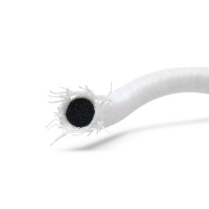 High abrasion resistant shock cord cut, polyethylene yarn with mono thread rubber core