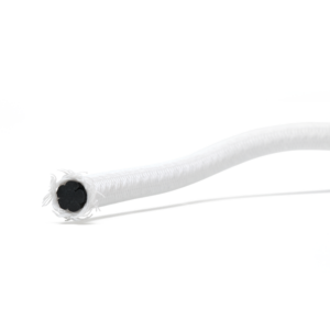 Cable sandow traditionnel multibrins, coupe de la gaine polyéthylène et du noyau multibrins de caoutchouc