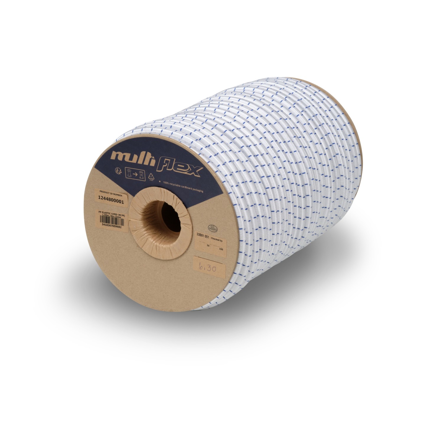 Cable Sandow grands diamètres, qualité Multiflex en blanc liseré bleu.